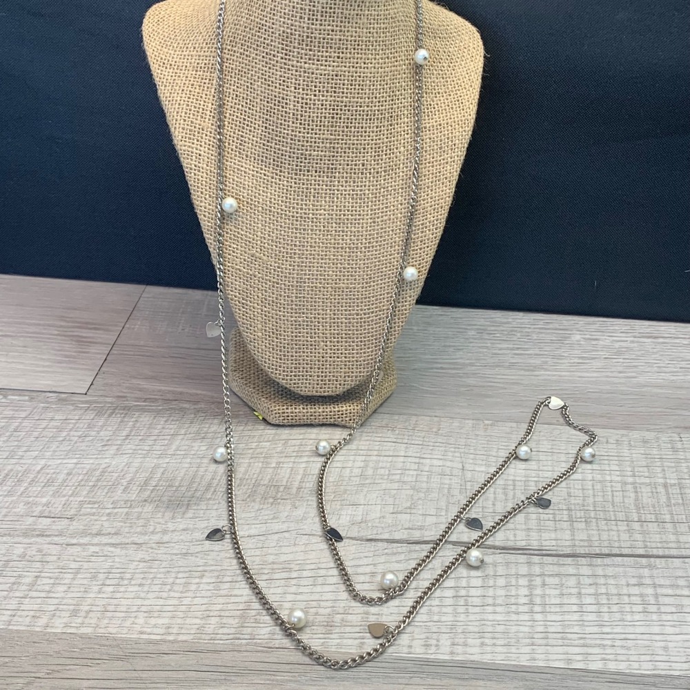 Silver Tone Faux Pearl and Heart Station Long Curb Chain Necklace 50 Inch